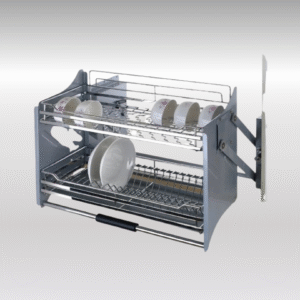 Pull-Down Kitchen Cabinet Dish Rack – 2-Tier Soft-Down Elevator Shelf & Storage Organizer