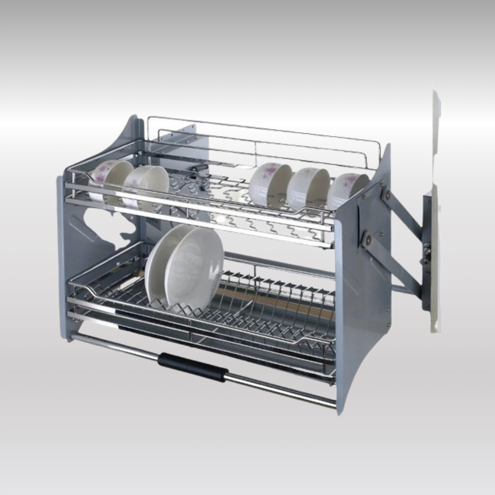 Pull-Down Kitchen Cabinet Dish Rack – 2-Tier Soft-Down Elevator Shelf & Storage Organizer