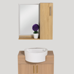 Modern Wood Bathroom Cabinet Set - Vessel Sink, Mirrored Cabinet & Storage (Light Oak Finish)